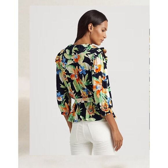 Lauren RL Black Label Floral Classic Peplum Cottagecore Belted Wrap Top XXL NWOT - Picture 3 of 8